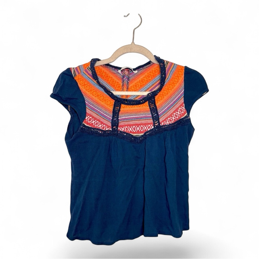 Solitaire Navy Boho Embroidered Festival Top Crochet Trim Small